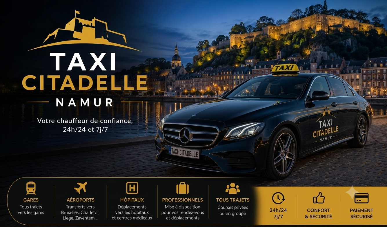 Taxi Citadelle Namur — Mercedes devant la citadelle, services gares, aéroports, hôpitaux et trajets 24h/24